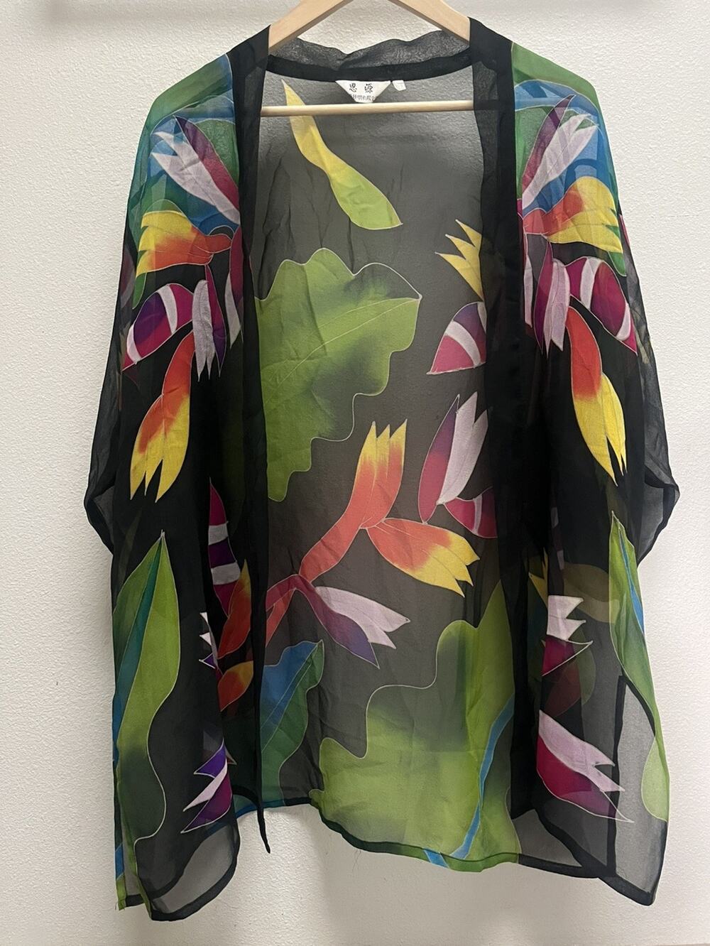 Siyuan 100% Silk Kimono Cardigan Womens Black Floral Art Print Sheer Duster